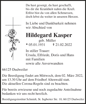 Traueranzeige von Hildegard Kasper von saarbruecker_zeitung