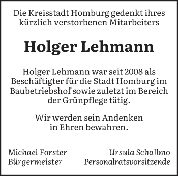 Traueranzeige von Holger Lehmann von saarbruecker_zeitung