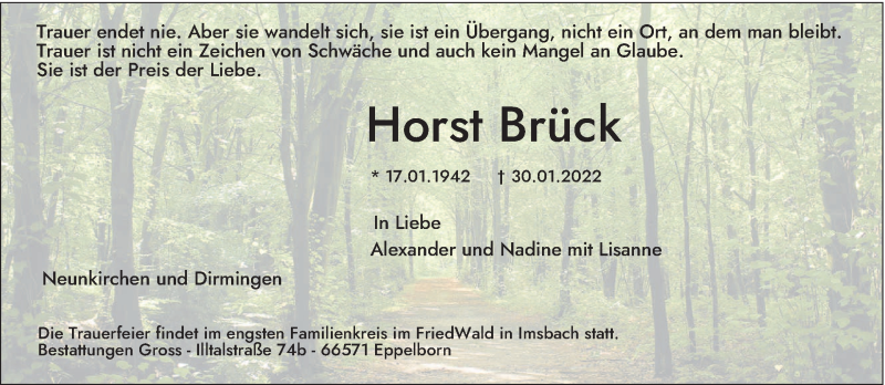  Traueranzeige für Horst Brück vom 05.02.2022 aus saarbruecker_zeitung