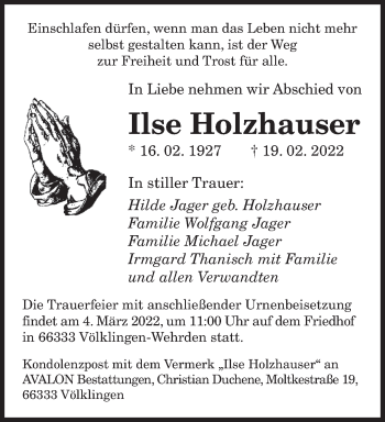 Traueranzeige von Ilse Holzhauser von saarbruecker_zeitung