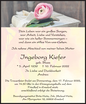 Traueranzeige von Ingeborg Kiefer von saarbruecker_zeitung