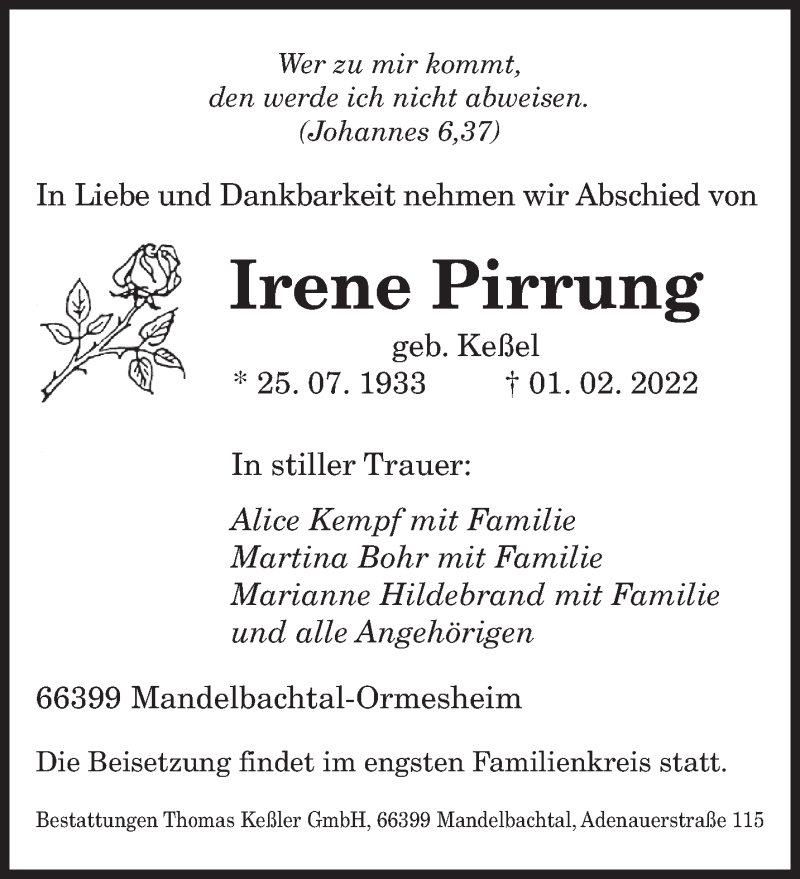  Traueranzeige für Irene Pirrung vom 12.02.2022 aus saarbruecker_zeitung
