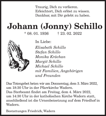 Traueranzeige von Johann Schillo von saarbruecker_zeitung