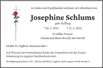 Traueranzeige von Josephine Schlums von saarbruecker_zeitung