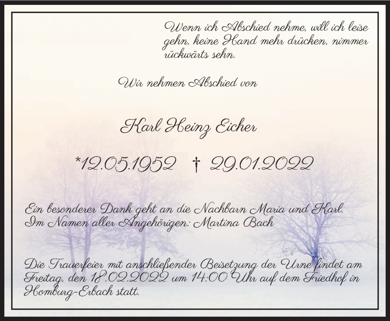  Traueranzeige für Karl Heinz Eicher vom 16.02.2022 aus saarbruecker_zeitung