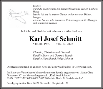 Traueranzeige von Karl Josef Schmitt von saarbruecker_zeitung