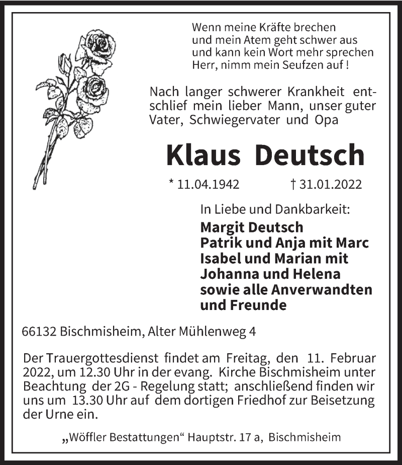  Traueranzeige für Klaus Deutsch vom 05.02.2022 aus saarbruecker_zeitung