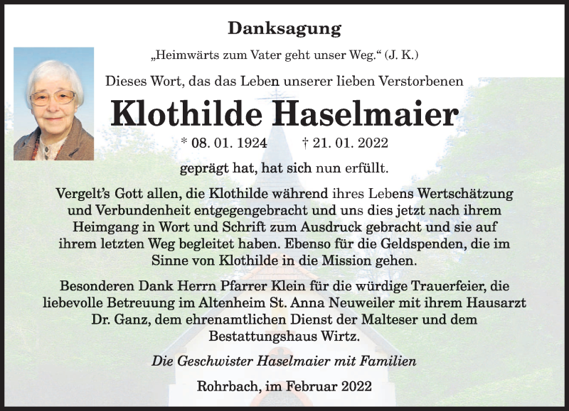  Traueranzeige für Klothilde Haselmaier vom 26.02.2022 aus saarbruecker_zeitung