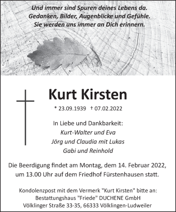 Traueranzeige von Kurt Kirsten von saarbruecker_zeitung