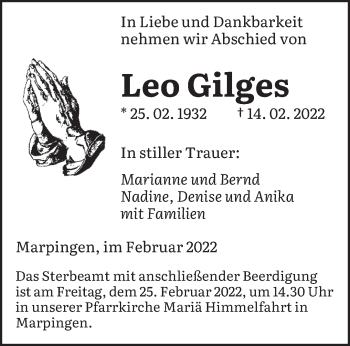 Traueranzeige von Leo Gilges von saarbruecker_zeitung