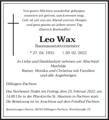 Traueranzeige von Leo Wax von saarbruecker_zeitung