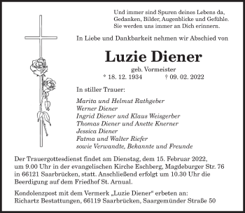 Traueranzeige von Luzie Diener von saarbruecker_zeitung