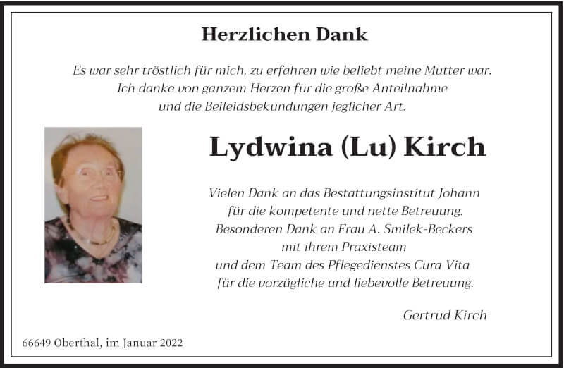  Traueranzeige für Lydwina Kirch vom 04.02.2022 aus saarbruecker_zeitung