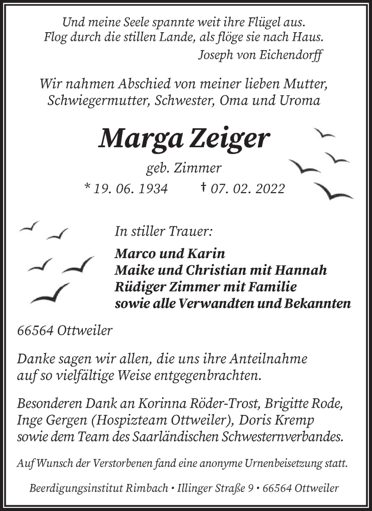  Traueranzeige für Marga Zeiger vom 23.02.2022 aus saarbruecker_zeitung