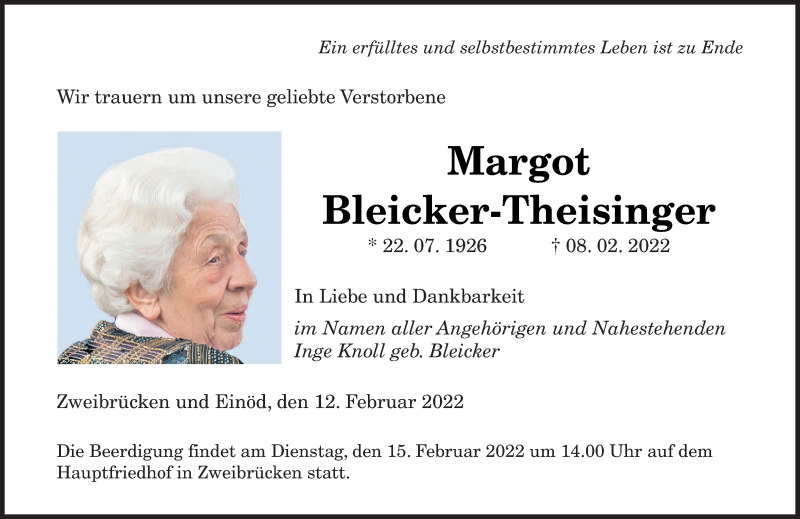  Traueranzeige für Margot Bleicker-Theisinger vom 12.02.2022 aus saarbruecker_zeitung