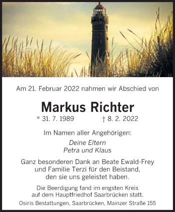 Traueranzeige von Markus Richter von saarbruecker_zeitung