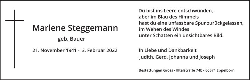  Traueranzeige für Marlene Steggemann vom 12.02.2022 aus saarbruecker_zeitung