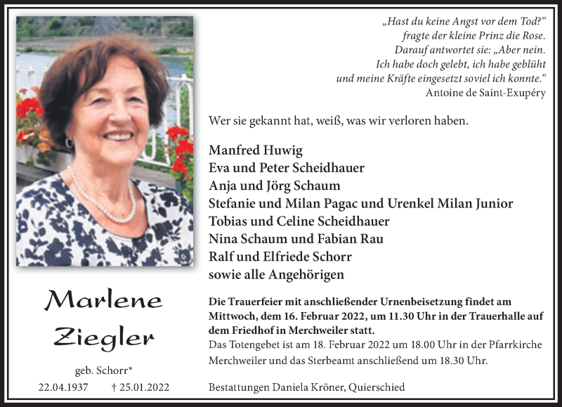  Traueranzeige für Marlene Ziegler vom 14.02.2022 aus saarbruecker_zeitung