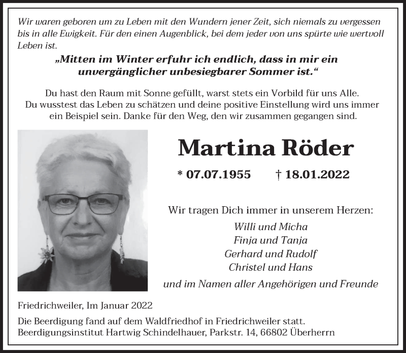 Traueranzeige für Martina Röder vom 12.02.2022 aus saarbruecker_zeitung
