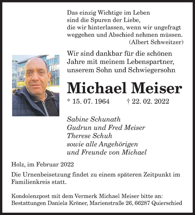  Traueranzeige für Michael Meiser vom 26.02.2022 aus saarbruecker_zeitung