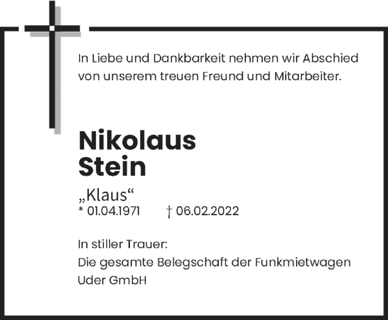  Traueranzeige für Nikolaus Stein vom 14.02.2022 aus saarbruecker_zeitung