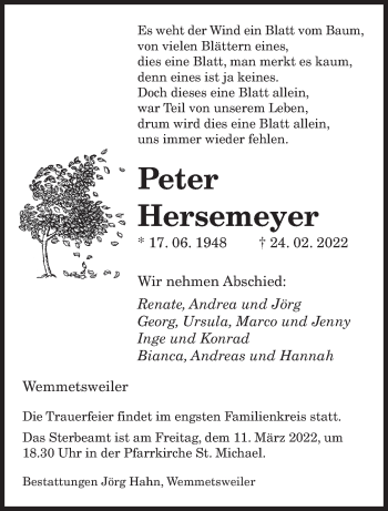 Traueranzeige von Peter Hersemeyer von saarbruecker_zeitung