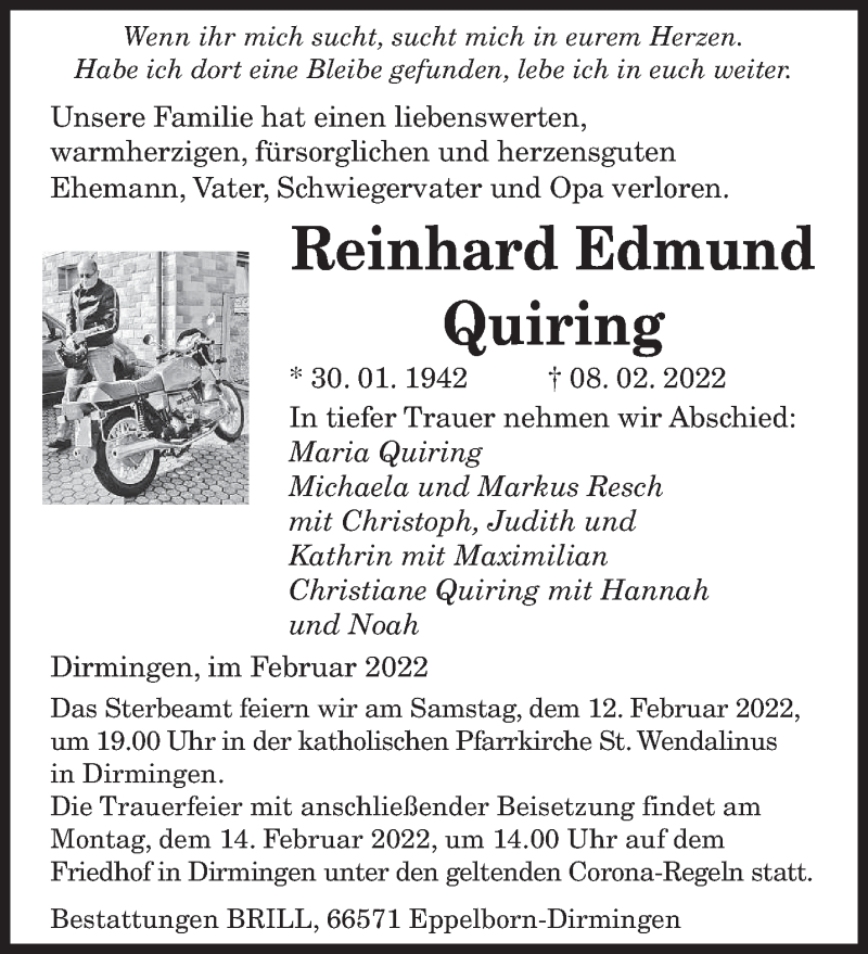  Traueranzeige für Reinhard Edmund Quiring vom 12.02.2022 aus saarbruecker_zeitung