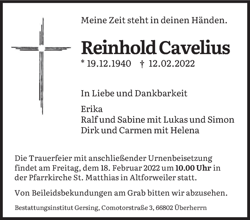  Traueranzeige für Reinhold Cavelius vom 15.02.2022 aus saarbruecker_zeitung