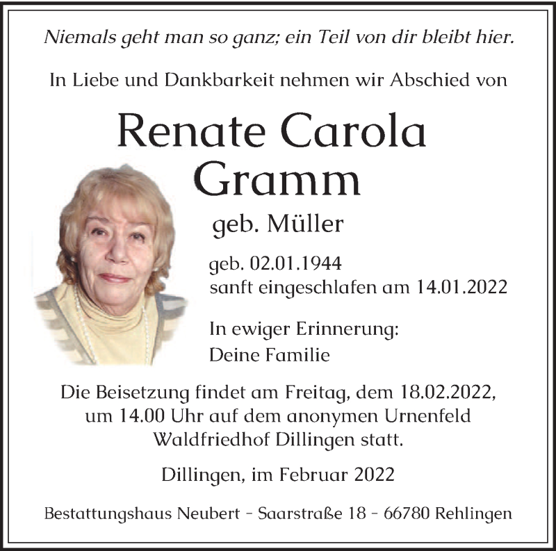 Traueranzeigen von Renate Carola Gramm | Saarbruecker-Zeitung.Trauer.de