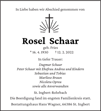 Traueranzeige von Rosa Schaar von saarbruecker_zeitung