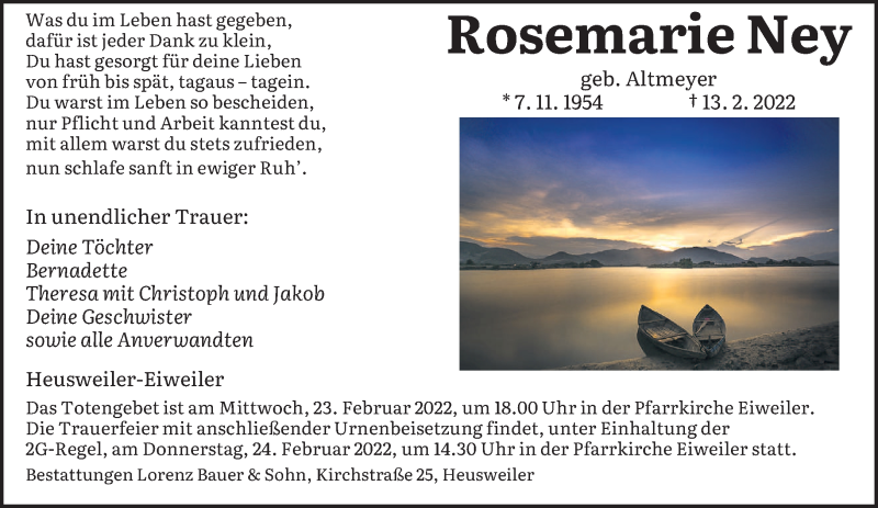  Traueranzeige für Rosemarie Ney vom 19.02.2022 aus saarbruecker_zeitung