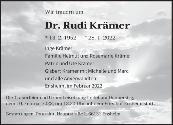 Traueranzeige von Rudi Krämer von saarbruecker_zeitung