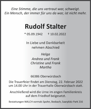 Traueranzeige von Rudolf Stalter von saarbruecker_zeitung