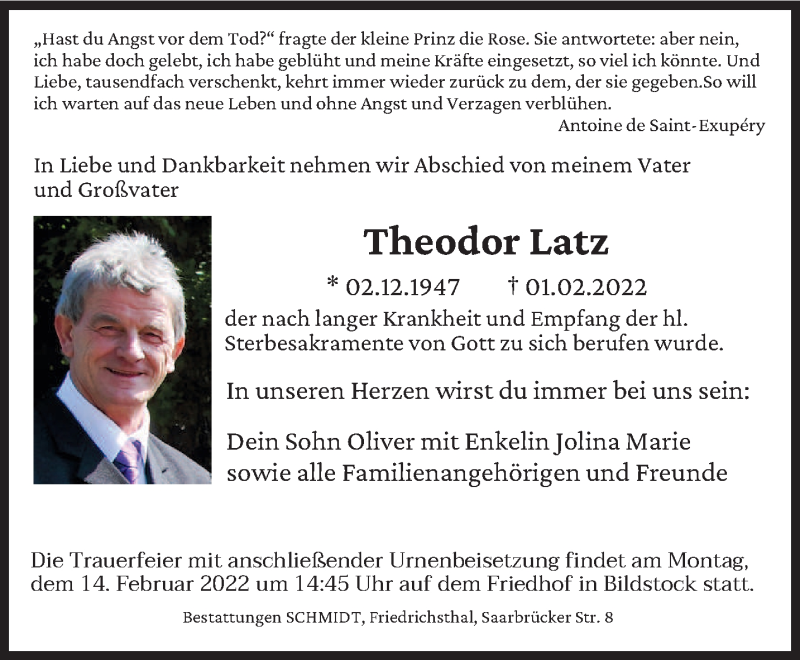  Traueranzeige für Theodor Latz vom 05.02.2022 aus saarbruecker_zeitung