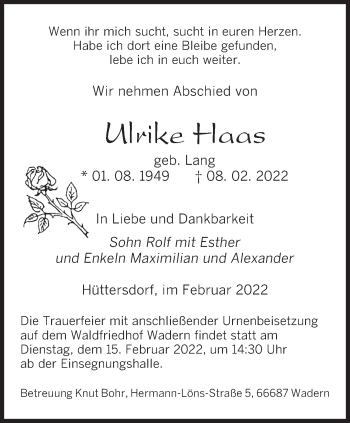 Traueranzeige von Ulrike Haas von saarbruecker_zeitung