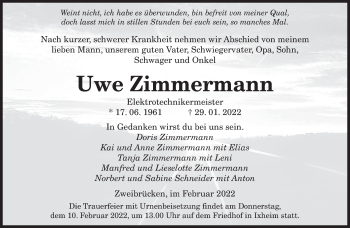 Traueranzeige von Uwe Zimmermann von saarbruecker_zeitung