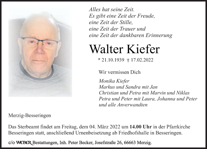  Traueranzeige für Walter Kiefer vom 26.02.2022 aus saarbruecker_zeitung