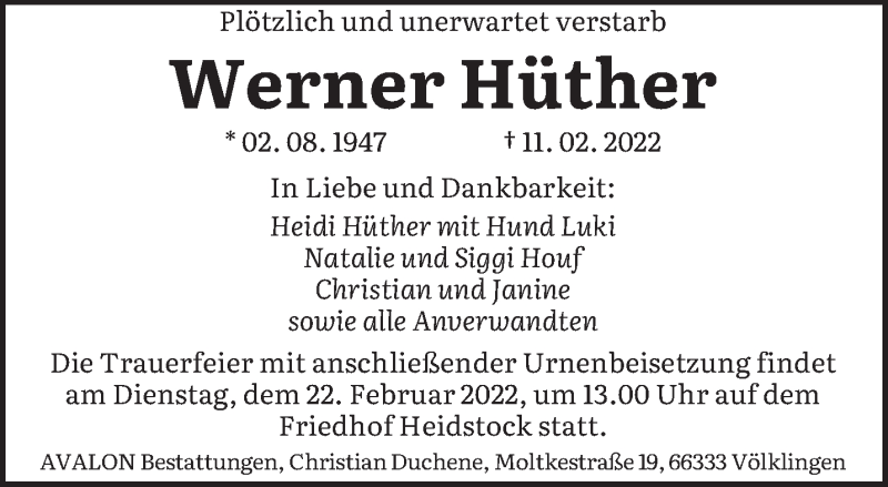  Traueranzeige für Werner Hüther vom 19.02.2022 aus saarbruecker_zeitung