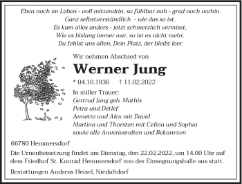 Traueranzeige von Werner Jung von saarbruecker_zeitung