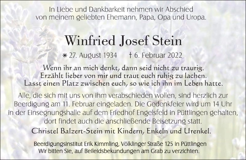  Traueranzeige für Winfried Josef Stein vom 09.02.2022 aus saarbruecker_zeitung