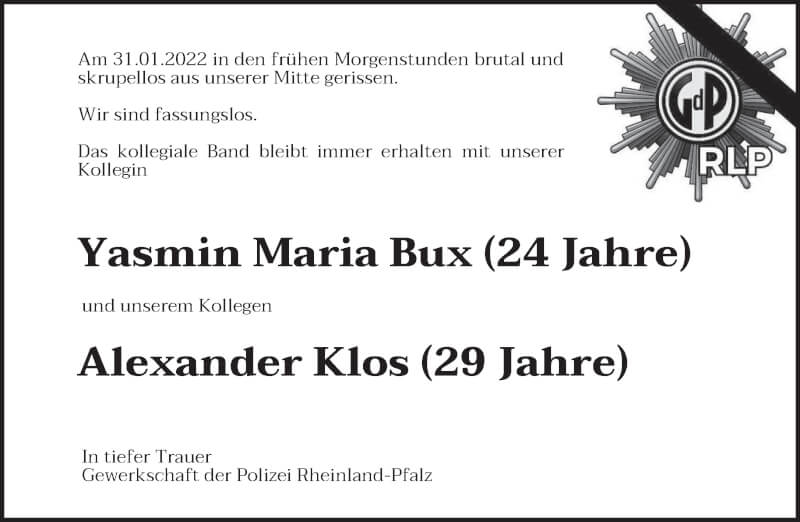  Traueranzeige für Yasmin Maria Bux und Alexander Klos  vom 05.02.2022 aus saarbruecker_zeitung