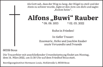 Traueranzeige von Alfons Rauber von saarbruecker_zeitung