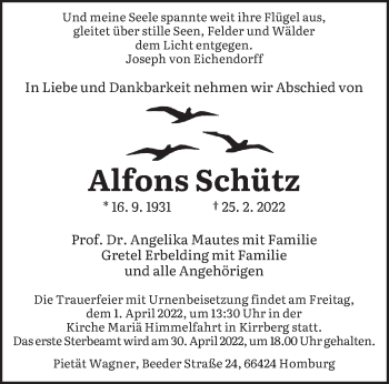 Traueranzeige von Alfons Schütz von saarbruecker_zeitung