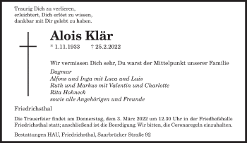 Traueranzeige von Alois Klär von saarbruecker_zeitung