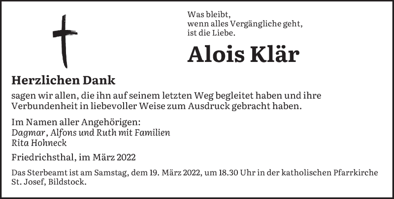  Traueranzeige für Alois Klär vom 12.03.2022 aus saarbruecker_zeitung