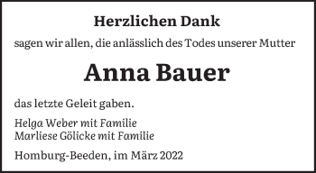 Traueranzeige von Anna Bauer von saarbruecker_zeitung