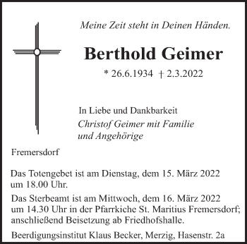 Traueranzeige von Berthold Geimer von saarbruecker_zeitung