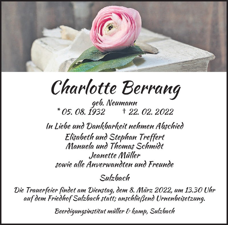  Traueranzeige für Chalotte Berrang vom 05.03.2022 aus saarbruecker_zeitung
