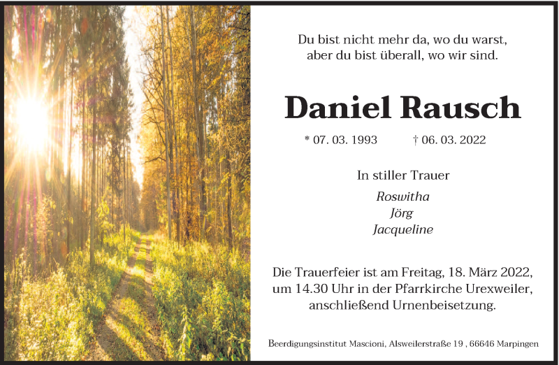  Traueranzeige für Daniel Rausch vom 12.03.2022 aus saarbruecker_zeitung