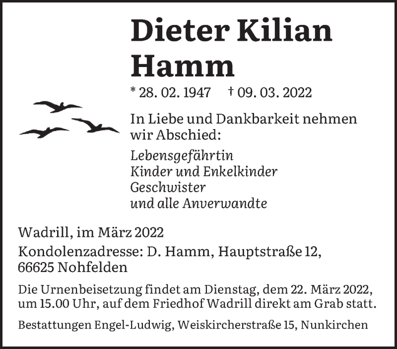  Traueranzeige für Dieter Kilian Hamm vom 19.03.2022 aus saarbruecker_zeitung